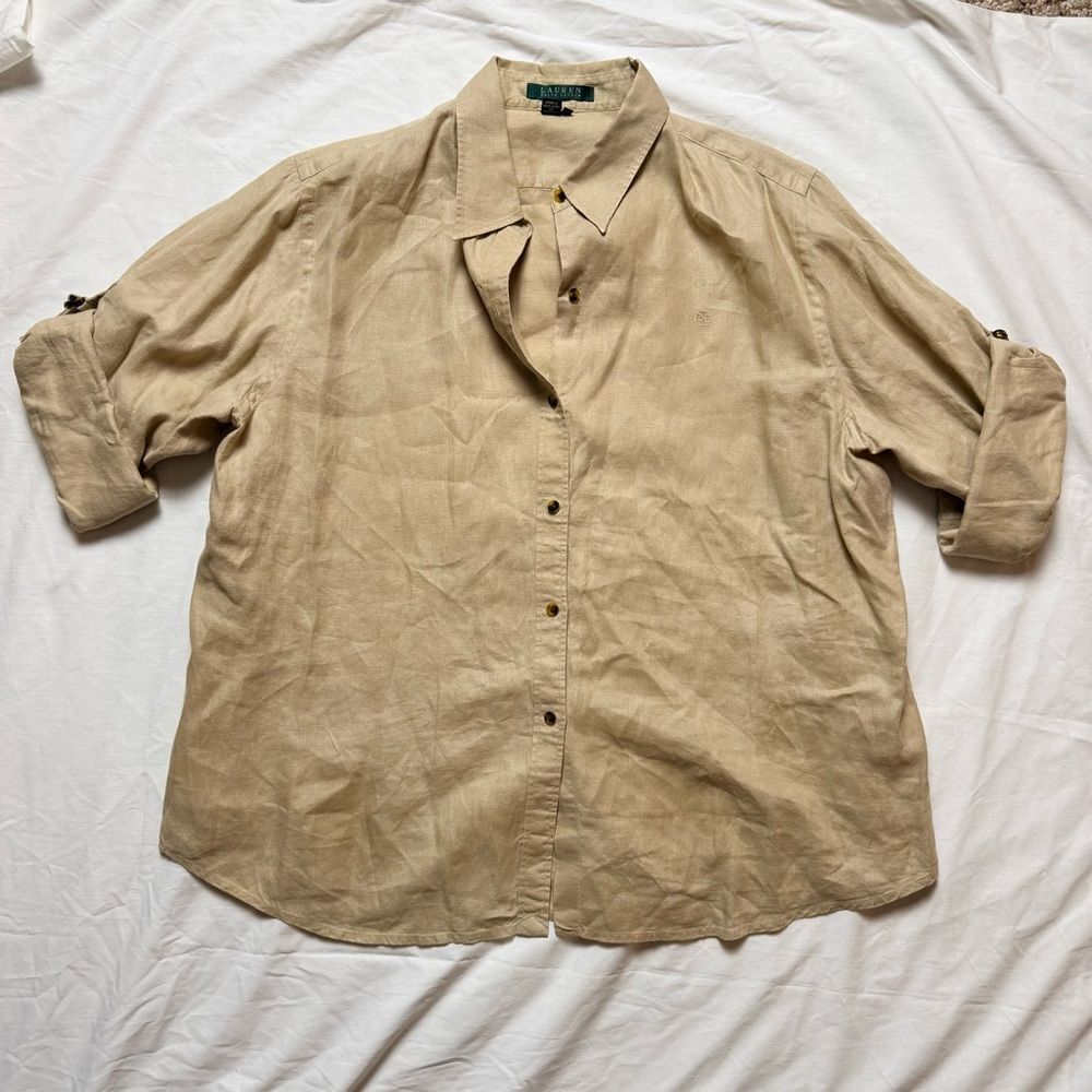 RALPH LAUREN Women’s 100% Linen Roll Tab Long Sleeve Button Down Shirt Tan XL - Picture 3 of 12